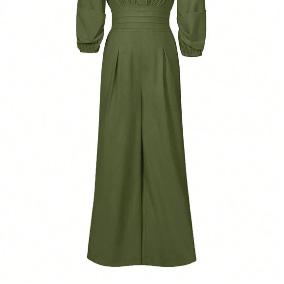 Army Green Elegant Women's Casual Solid Color Lantern Sleeve Jumpsuit - Picture 4 of 9